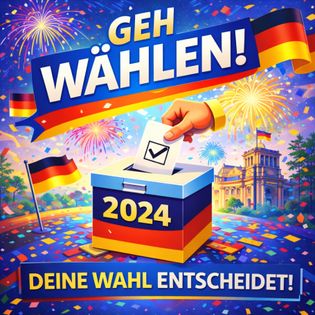 Wahlurne mit Stimmzettel, deutscher Bundestag im Hintergrund, Feuerwerk, Aufruf zur Wahl 2024.